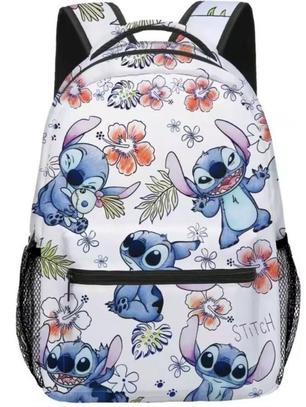 Kids Blue Stitch Floral Backpack - Cute Cartoon School Bag